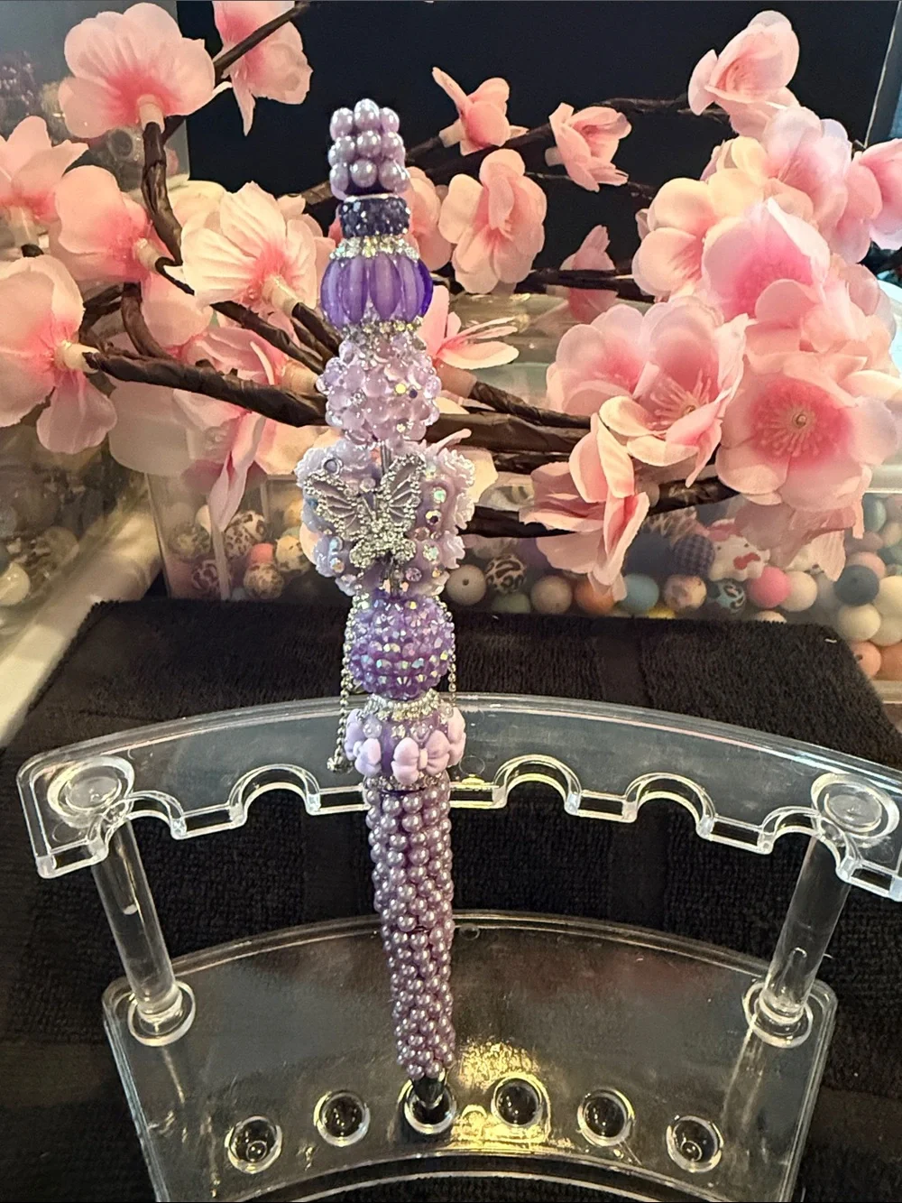 Lavender Beaded Tassel Charm with Butterfly Accent